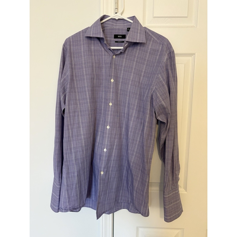 BOSS Hugo Boss Sharp Dress Shirt Men 16 32/33 Purple Plaid Long Sleeve Button Up